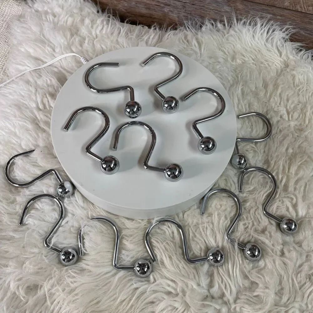 Chrome Shower Curtain Hooks (12) Modern S Shaped Metal Glide Hook Ball End